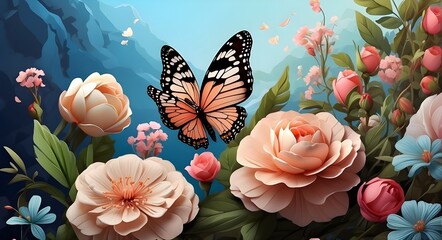 .. Gorgeous scenery, a wild, adorable butterfly, and floral arrangements. Beautiful graphic background art. 