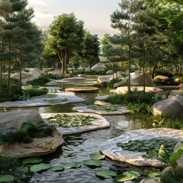 Exquisite oriental garden with large rocks, lily pads and stone slab stepping stones