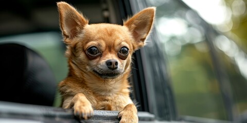 Small brown chihuahua dog looking out of the car window