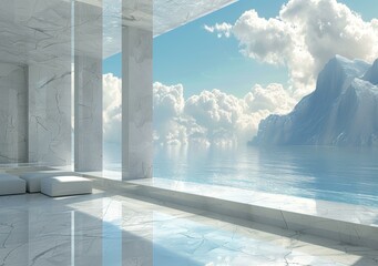 Futuristic marble room with a view of the ocean