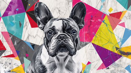 Naklejka premium French Bulldog Portrait in Monochrome on Dynamic Geometric Background