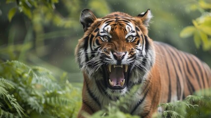 Obraz premium Amur tiger captured mid-roar, a powerful display of raw strength and ferocity in the wild, framed by lush greenery