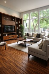 Modern living room interior design with large windows and stylish furniture