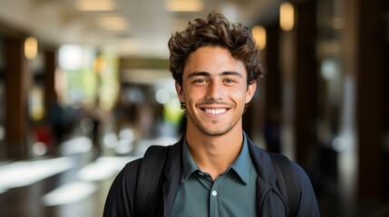 Obraz premium Portrait of a smiling young man with curly hair wearing a backpack
