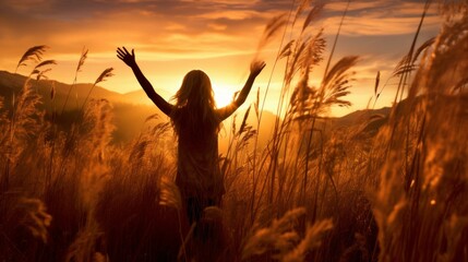 Young woman standing with arms raised in a field of tall grass at sunset