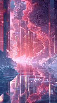Fantasy landscape with pink clouds and water