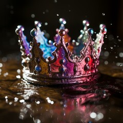 A beautiful iridescent crown sits in a pool of water with a black background