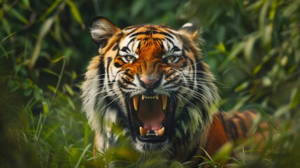 Amur tiger captured mid-roar, a powerful display of raw strength and ferocity in the wild, framed by lush greenery