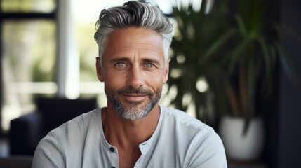 Portrait of a handsome middle-aged man with gray hair and a beard