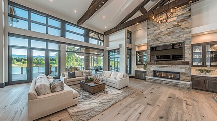Modern house interior lake view living room