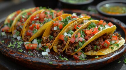 Get close-up shots of a plate of authentic tacos, showcasing the vibrant fillings, warm tortillas, and zesty toppings.