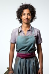 Portrait of a young woman wearing apron and purple sash - obrazy, fototapety, plakaty