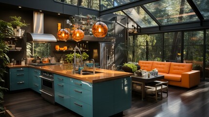 kitchen island with blue cabinets and copper countertop in a modern house with large windows