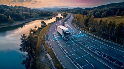 Selfstorming Technology Truck Harnessing Blue Sound Waves on a Highway Bordering a Lake