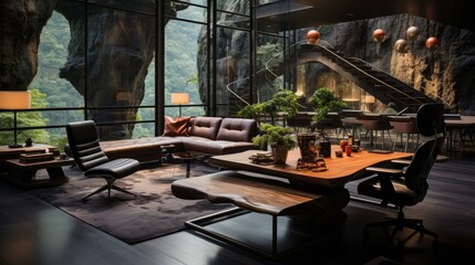 Modern office interior with huge windows and amazing mountain views