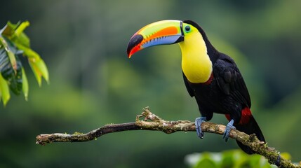 Obraz premium A toucan in profile, perched on a gnarled branch, with the lush green tropical forest providing a perfect backdrop