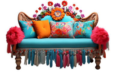 Eclectic Boho Loveseat Illustration Isolated On Transparent Background PNG.