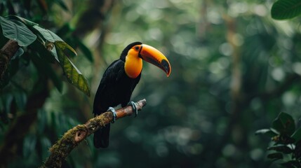 Obraz premium A toucan in profile, perched on a gnarled branch, with the lush green tropical forest providing a perfect backdrop