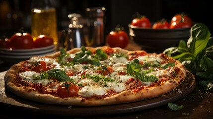 A delicious pizza with fresh tomatoes, basil, and mozzarella cheese