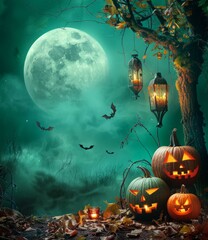 Spooky Halloween night background with pumpkins and bats
