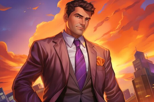 Confident businessman in suit standing in front of cityscape at sunset