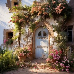 Pink flowers blooming over a blue door in a stone cottage