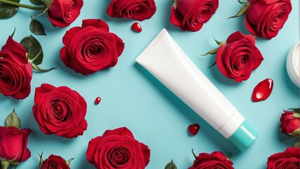 red roses background with lotion tube container for healthy skincare ad beauty product concept from Generative AI