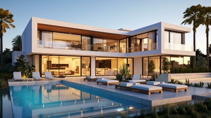 Fototapeta premium Modern luxury villa with pool and palm trees