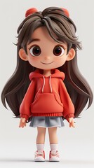 Cute Cartoon Girl with Brown Hair Wearing a Red Hoodie and Gray Skirt