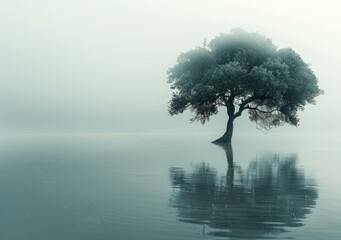 A lonely tree stands in the middle of a lake on a foggy day