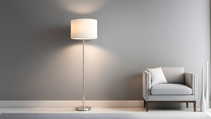 A white lamp is lit up in a room with a white couch