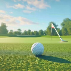 Obraz premium A golf ball on the green with the pin in the distance