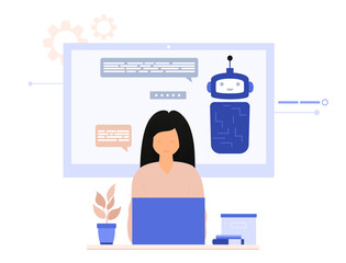 Virtual assistant concept. Online chatbot. Woman and chatbot. AI technology concept. Flat vector illustration.