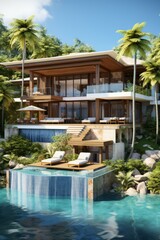 Fototapeta premium A modern tropical villa with a pool and a waterfall