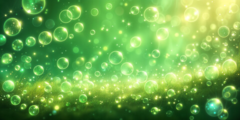 A close-up view of numerous green bubbles floating against a blurred background, creating a sense of depth and movement.