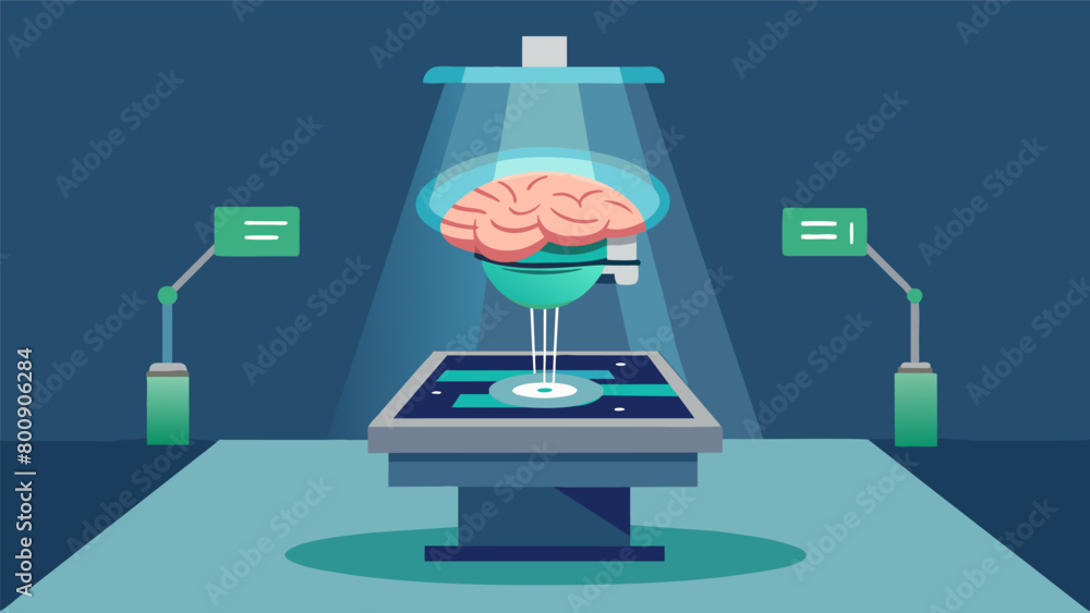 Poster a holographic projection of the patients brain hovers above the operating table providing the surgeo