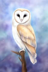 A watercolor painting of a barn owl with big black eyes