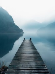 Obraz premium Wooden dock extending into a calm lake on a foggy day