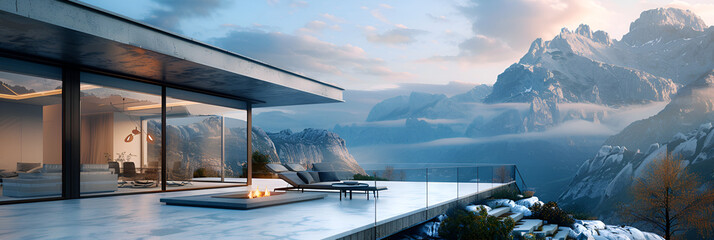 Modern minimalist concrete and glass house in mountains Luxury villa with terrace and pool.