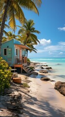 Naklejka premium Beach hut on a tropical island with palm trees and white sand