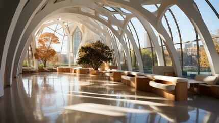 Modern interior space with large windows and curved white ceiling