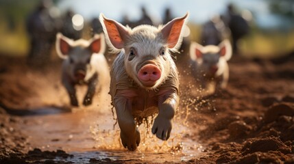 Three little pigs racing in the mud