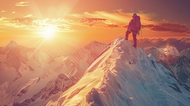 A mountain climber reaches the summit of a mountain and looks out at the view