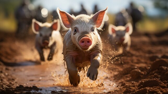 Three little pigs racing in the mud