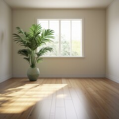 Bright empty room with a potted palm tree