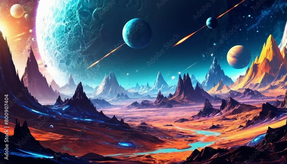 Sticker abstract space exploration background with cosmic landscapes and sci-fi elements.