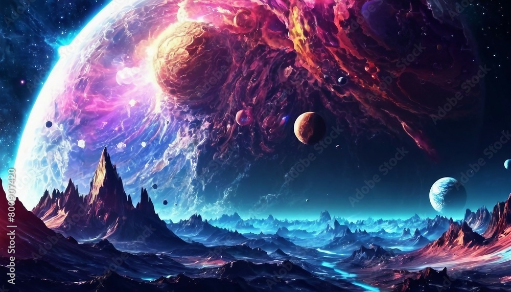 Wall mural abstract space exploration background with cosmic landscapes and sci-fi elements.