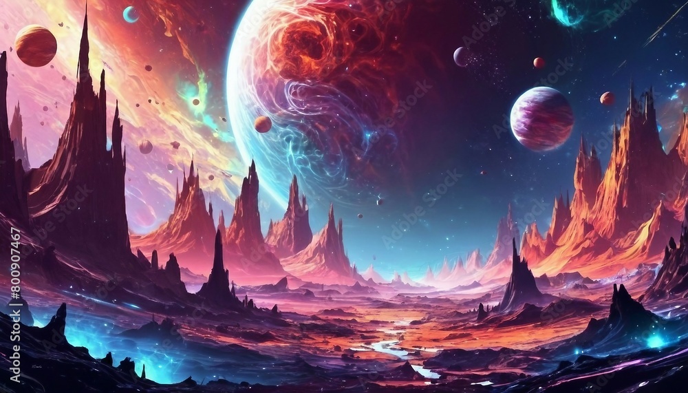 Wall mural abstract space exploration background with cosmic landscapes and sci-fi elements.