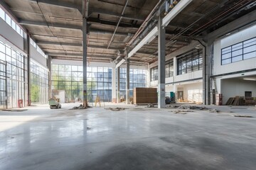 An empty warehouse with concrete floor and large windows