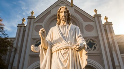 Fototapeta premium A statue of Jesus Christ stands outside a Catholic church.